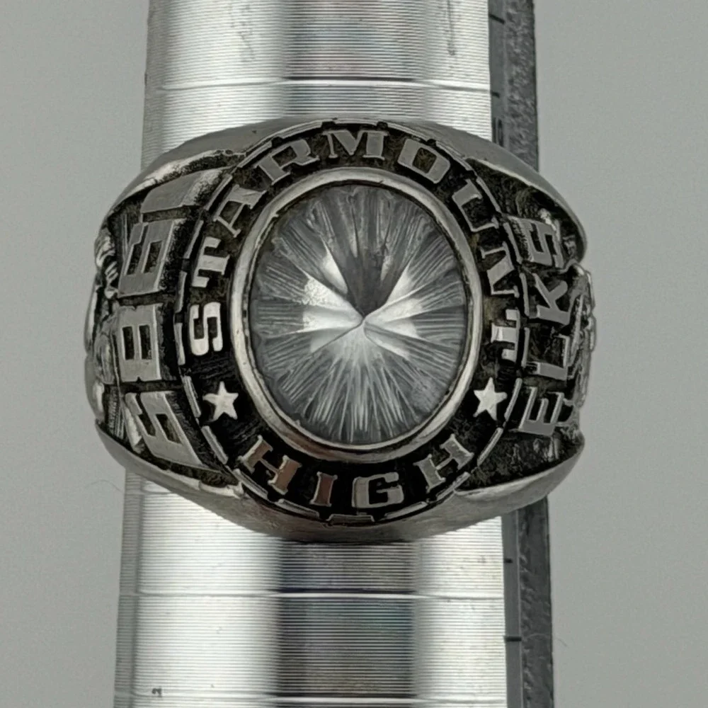 Star Mount High 1989 Class Ring Size 10 Siladium Elks Basketball Clear Stone